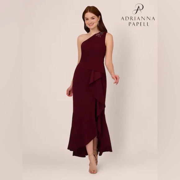 Adrianna Papell Dresses & Skirts - Adrianna Papell Beaded One Shoulder Hi-Low Burgundy Evening Gown Size 8